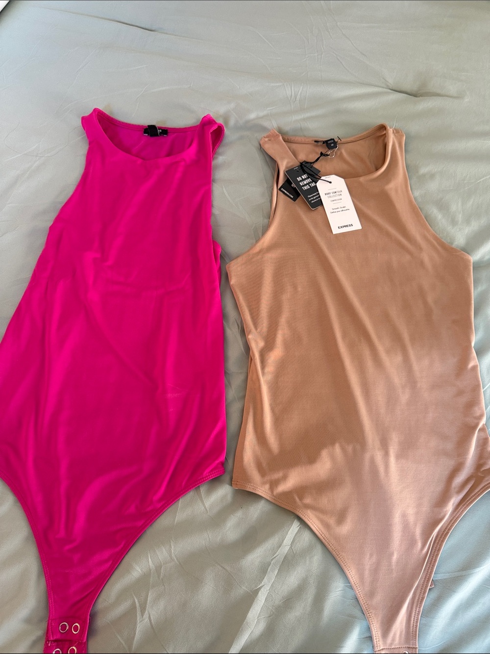 Express Two-Tone One-Piece Bodysuits in Hot Pink and Tan extra Small V13
